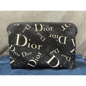 Vintage Christian Dior Makeup Bag Black White Logo Cosmetic Travel Pouch Zip